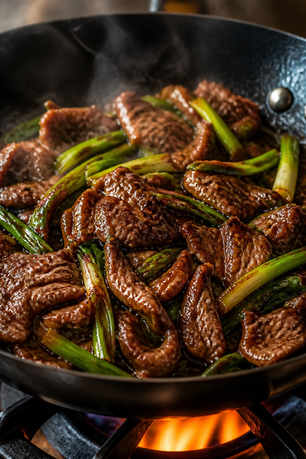 Close-up of scallion beef in a hot wok with vivid scallions and glossy sauce