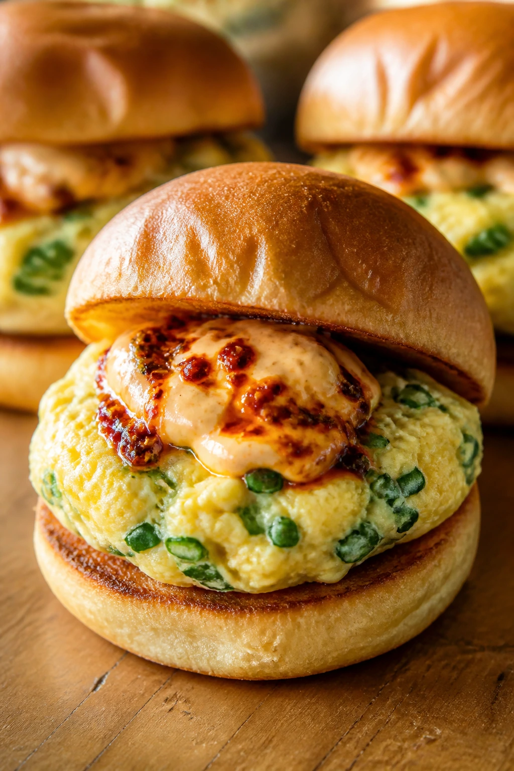 Egg slider with scallions and chili crisp mayo on a toasted bun