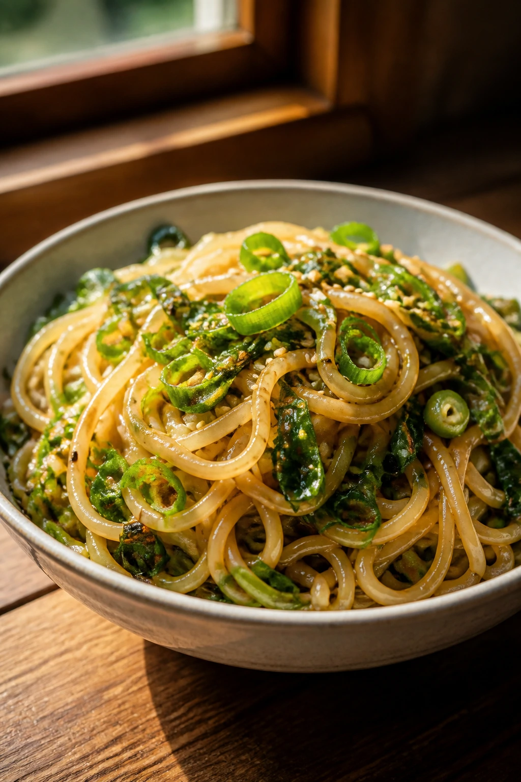Close-up Scallion Oil Noodles with scallions and sesame