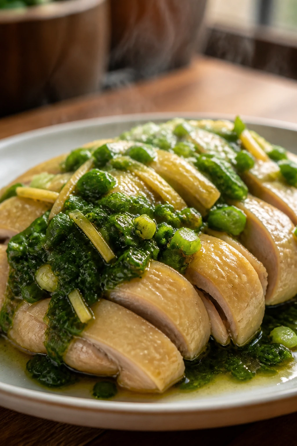 Close-up of sliced chicken with scallion oil