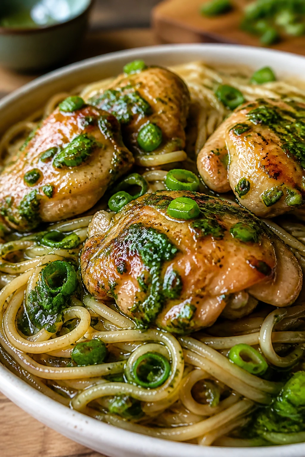 Close-up of Scallion Oil Chicken Noodles with chicken and green scallion oil.