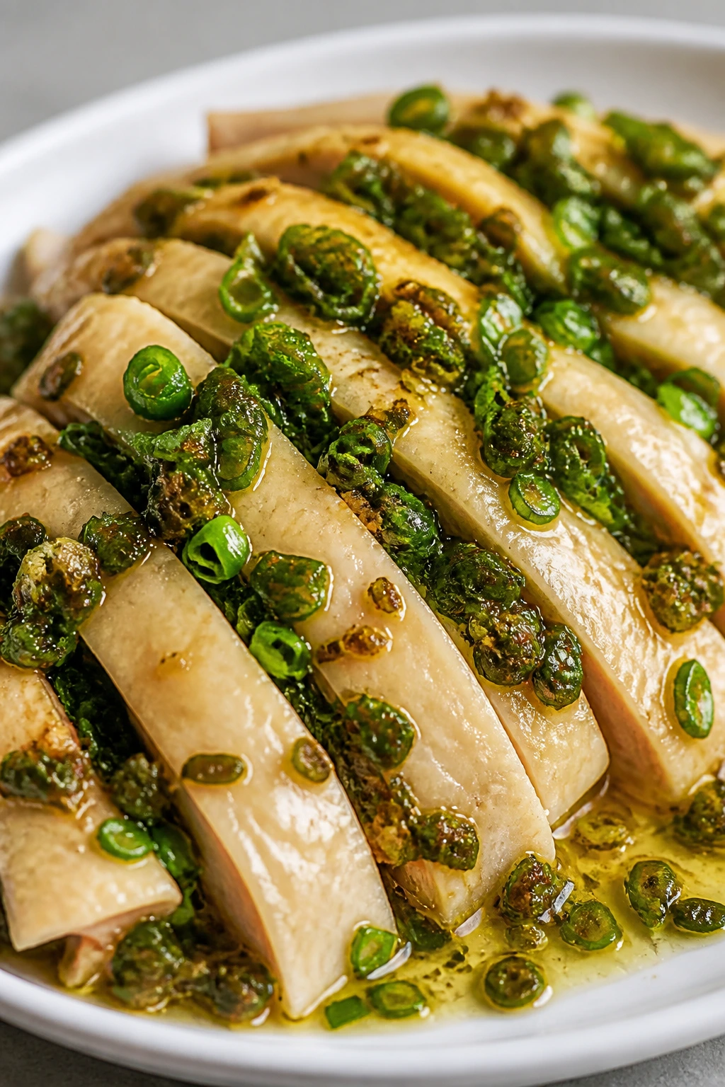 Close-up of scallion oil chicken with poached slices and green oil on a plate
