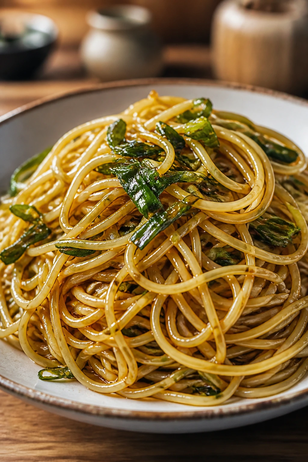 Glossy scallion oil noodles filling the plate