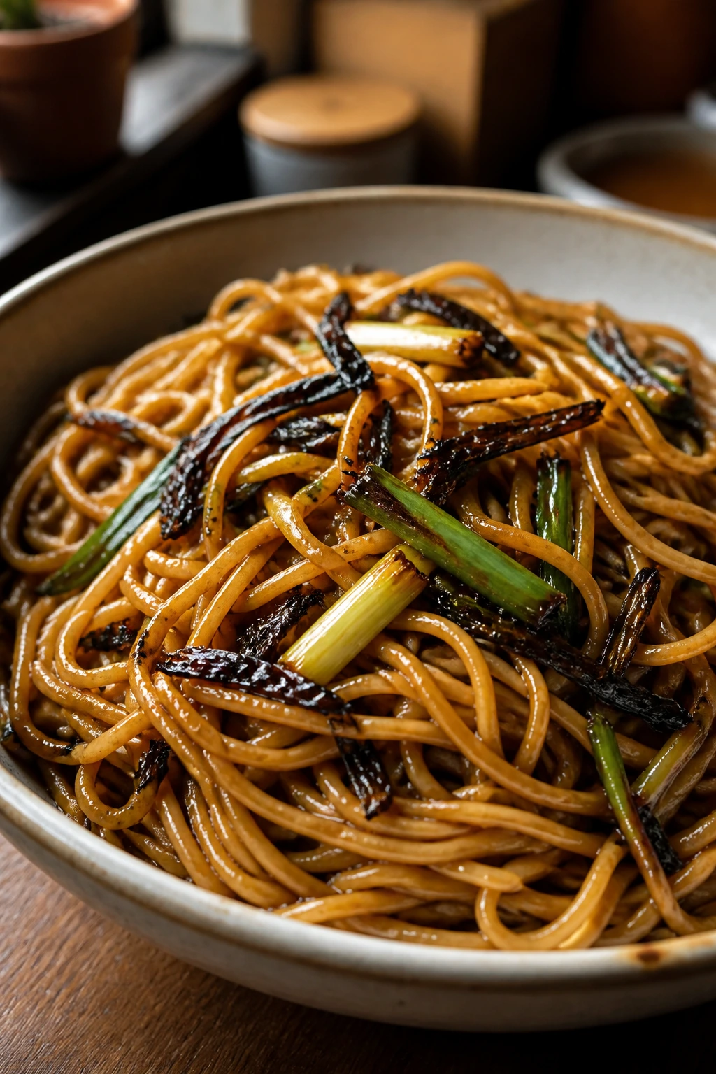 Close-up of glossy scallion oil noodles with browned scallions in a bowl