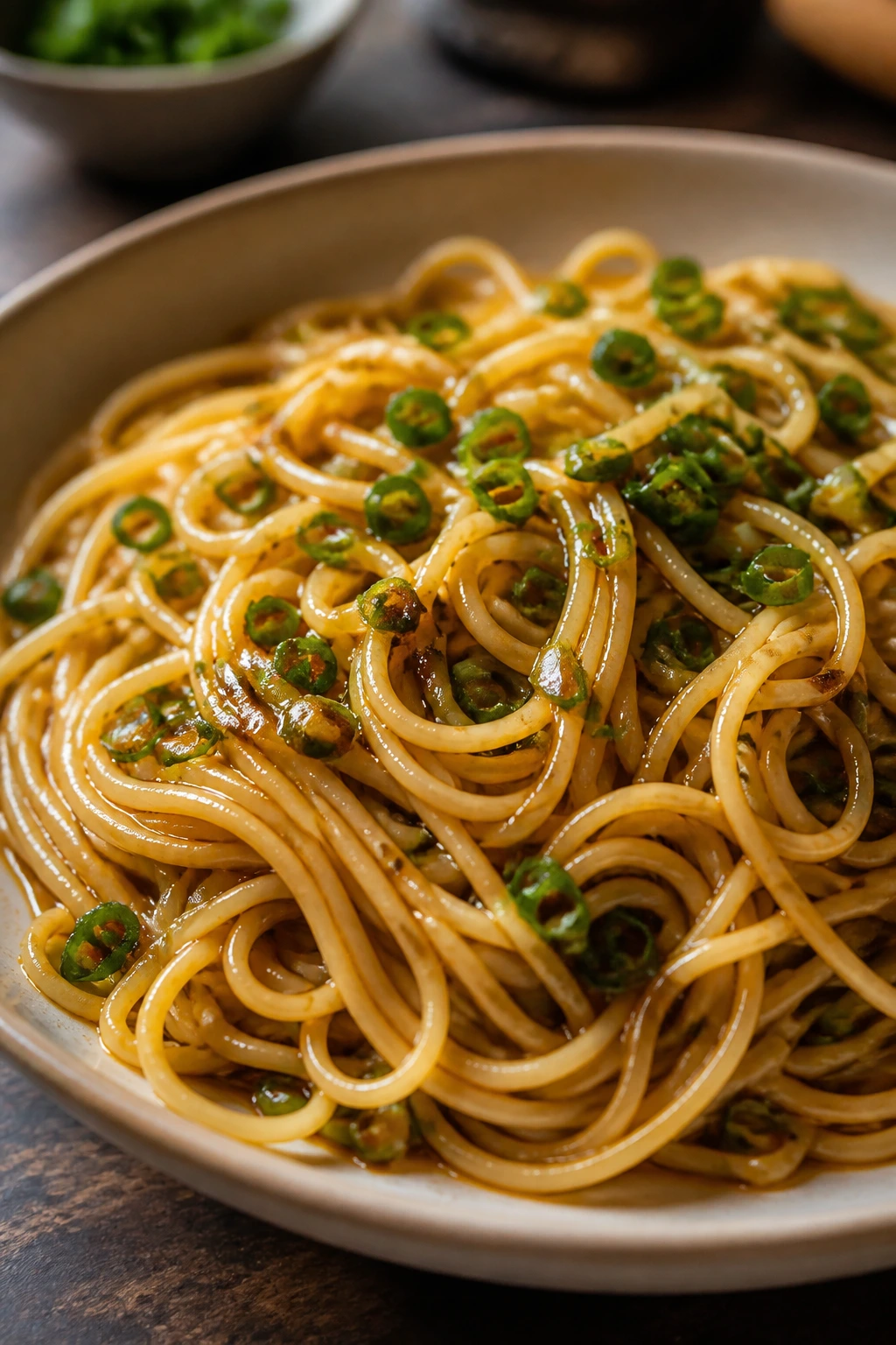 Close-up of scallion oil noodles with scallions on top.