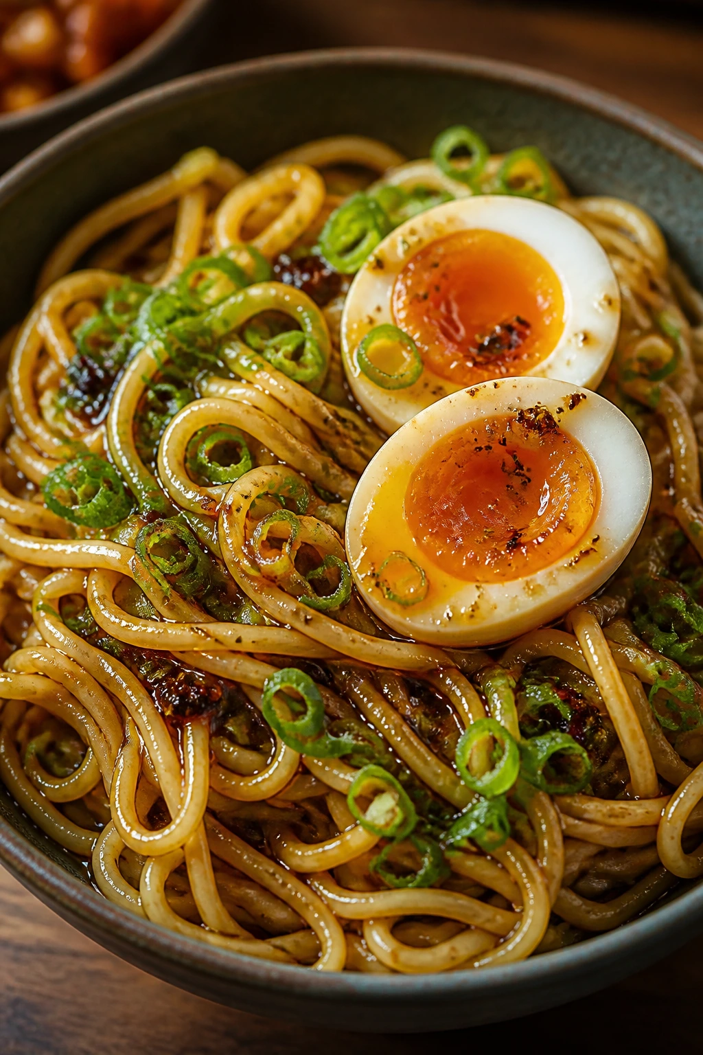Close-up of scallion oil noodles with jammy eggs on a plate