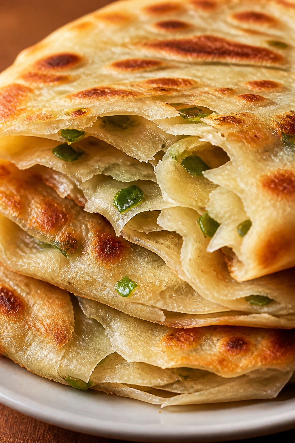 Close-up of a scallion pancake showing flaky layers and green scallions