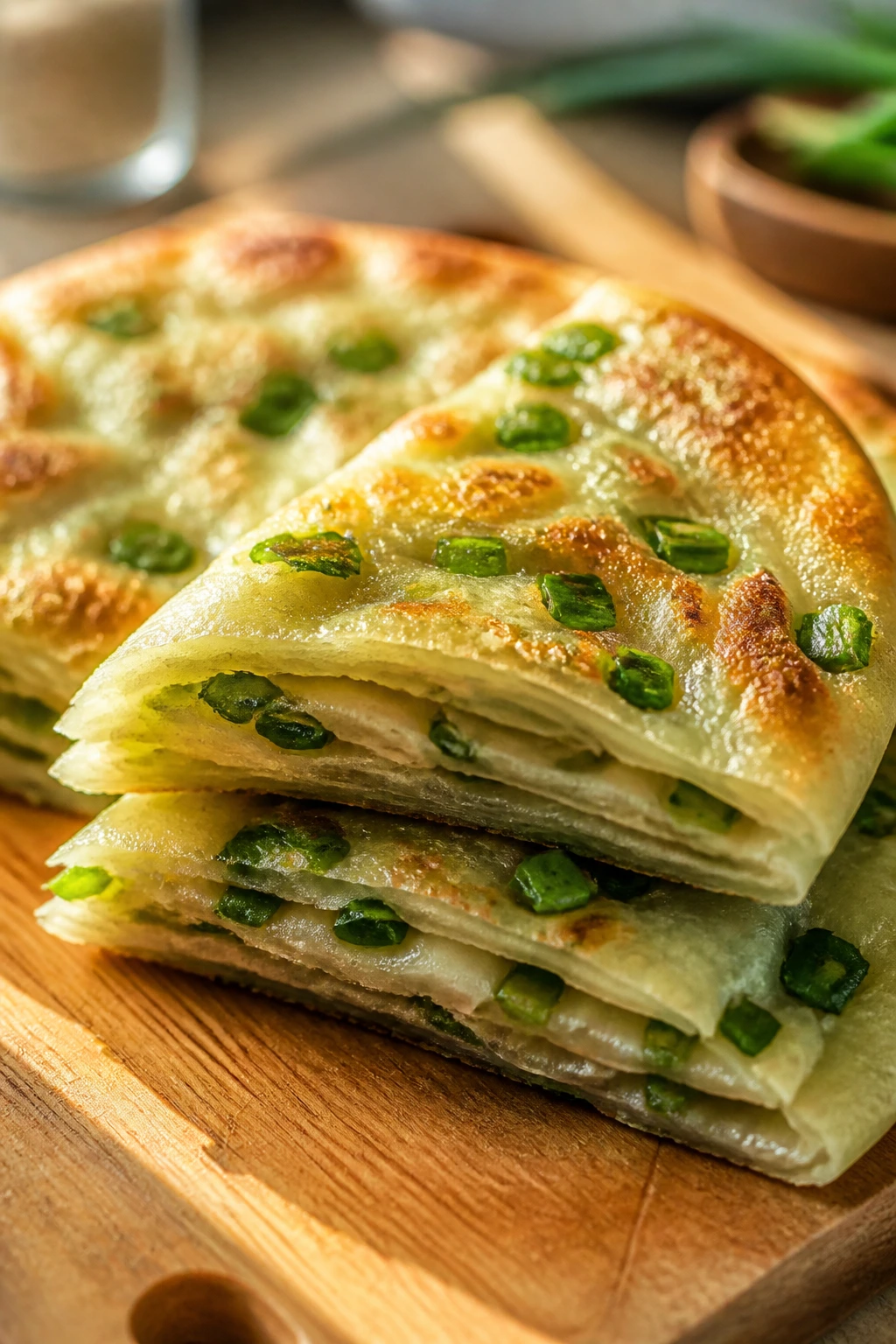 Close-up of scallion pancake wedge showing flaky layers on a warm plate