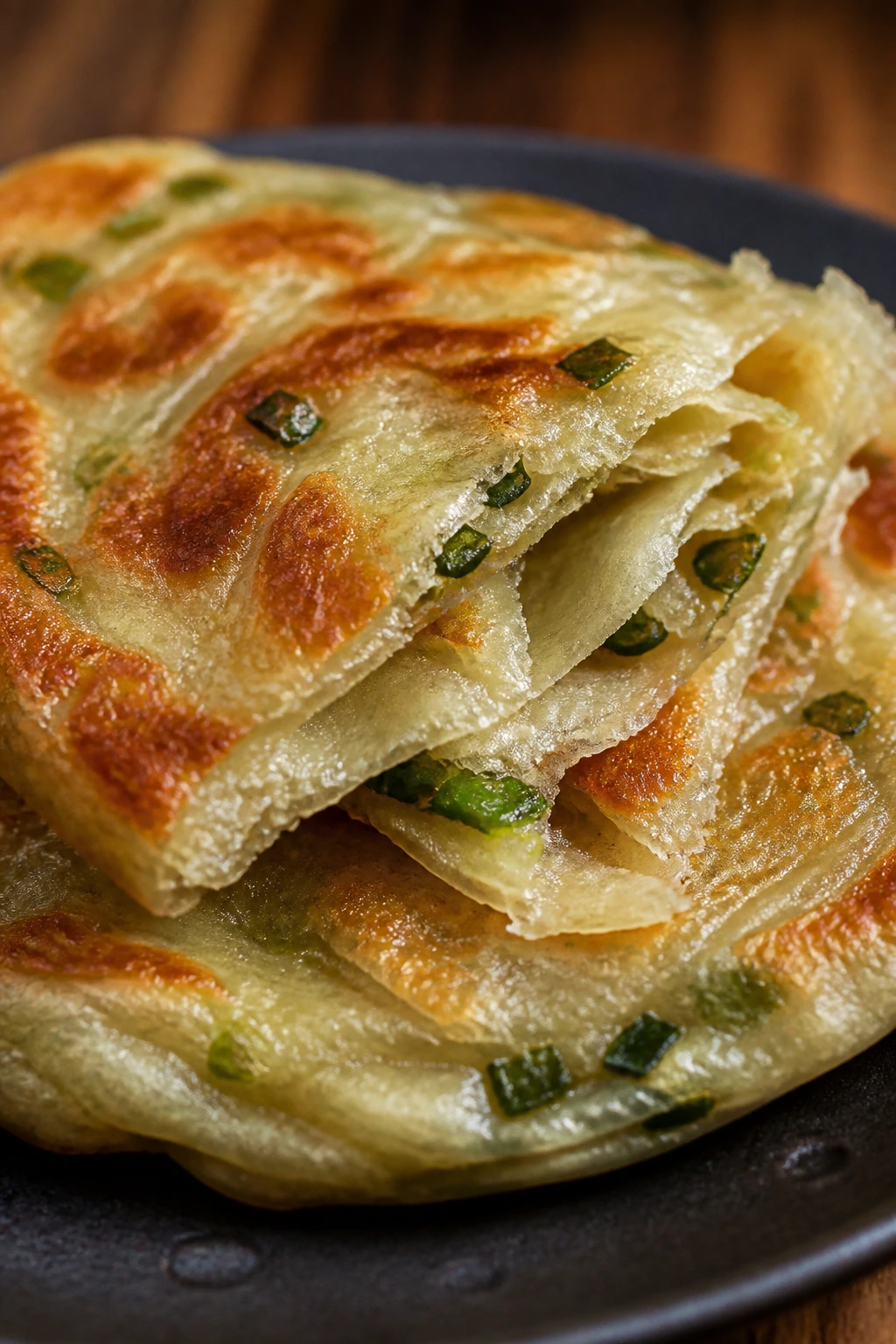 Flaky scallion pancake close-up showing layers and green scallions