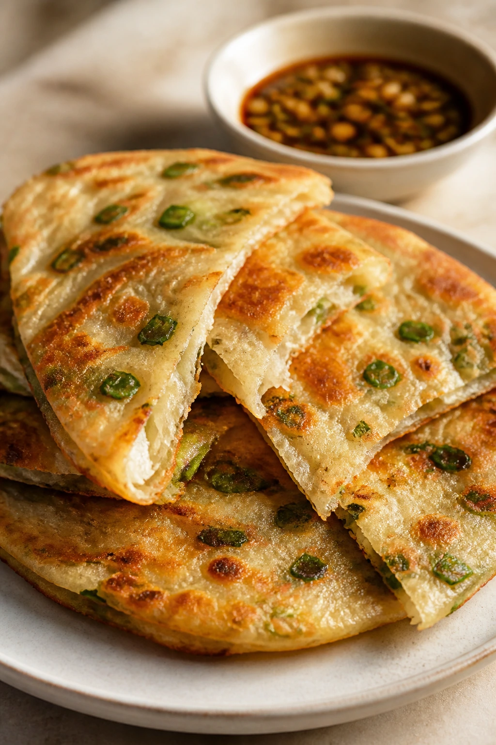 Golden scallion pancake tear with ginger-soy dip on plate