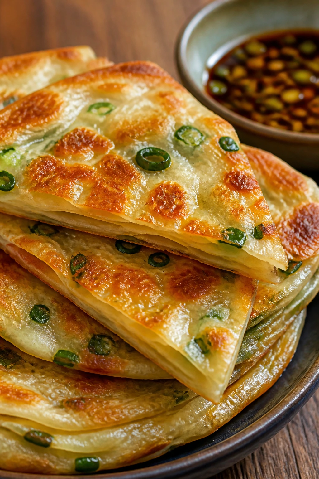 Close-up of scallion pancake with crisp edges and layered interior.