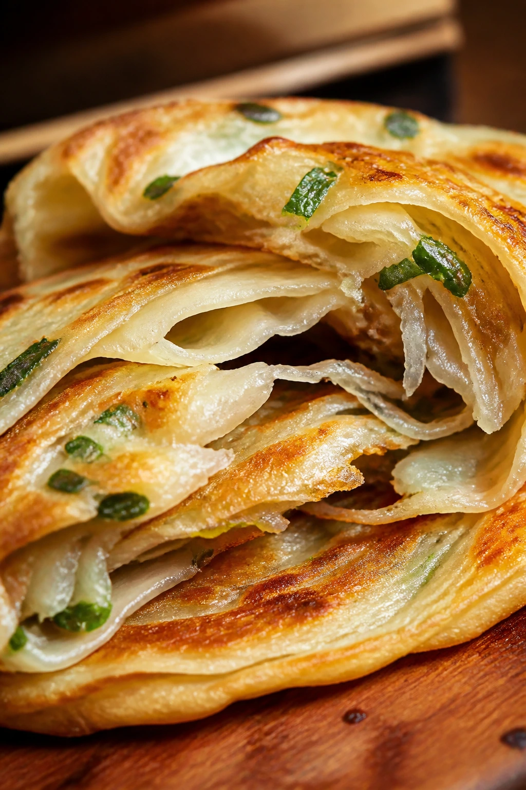 Layered scallion pancake close-up showing crisp edges