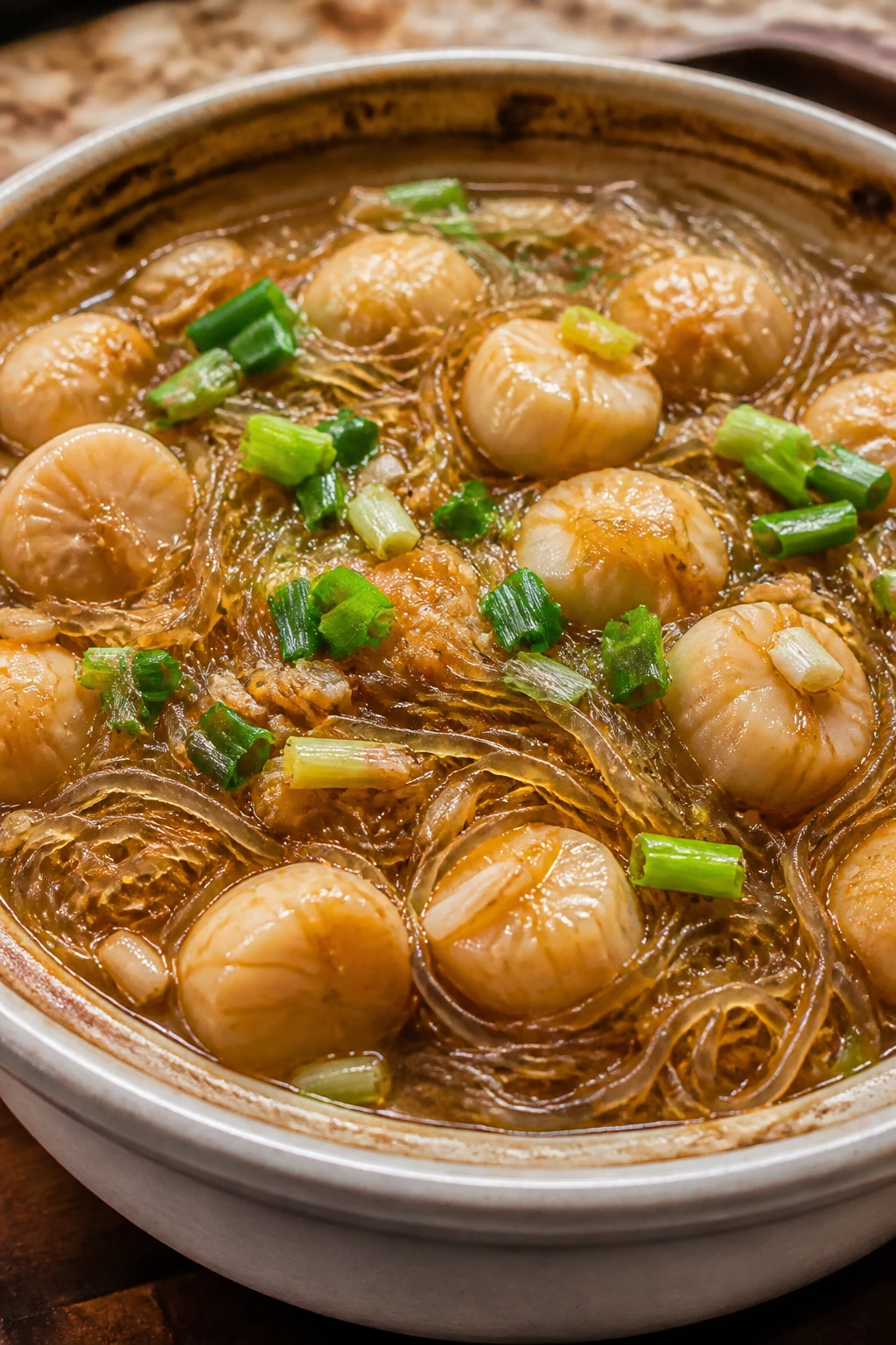 Bubbling scallop and glass noodle casserole in a shallow dish