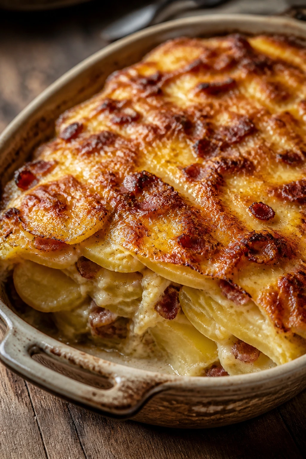 Scalloped potatoes with bacon and Gruyère topping