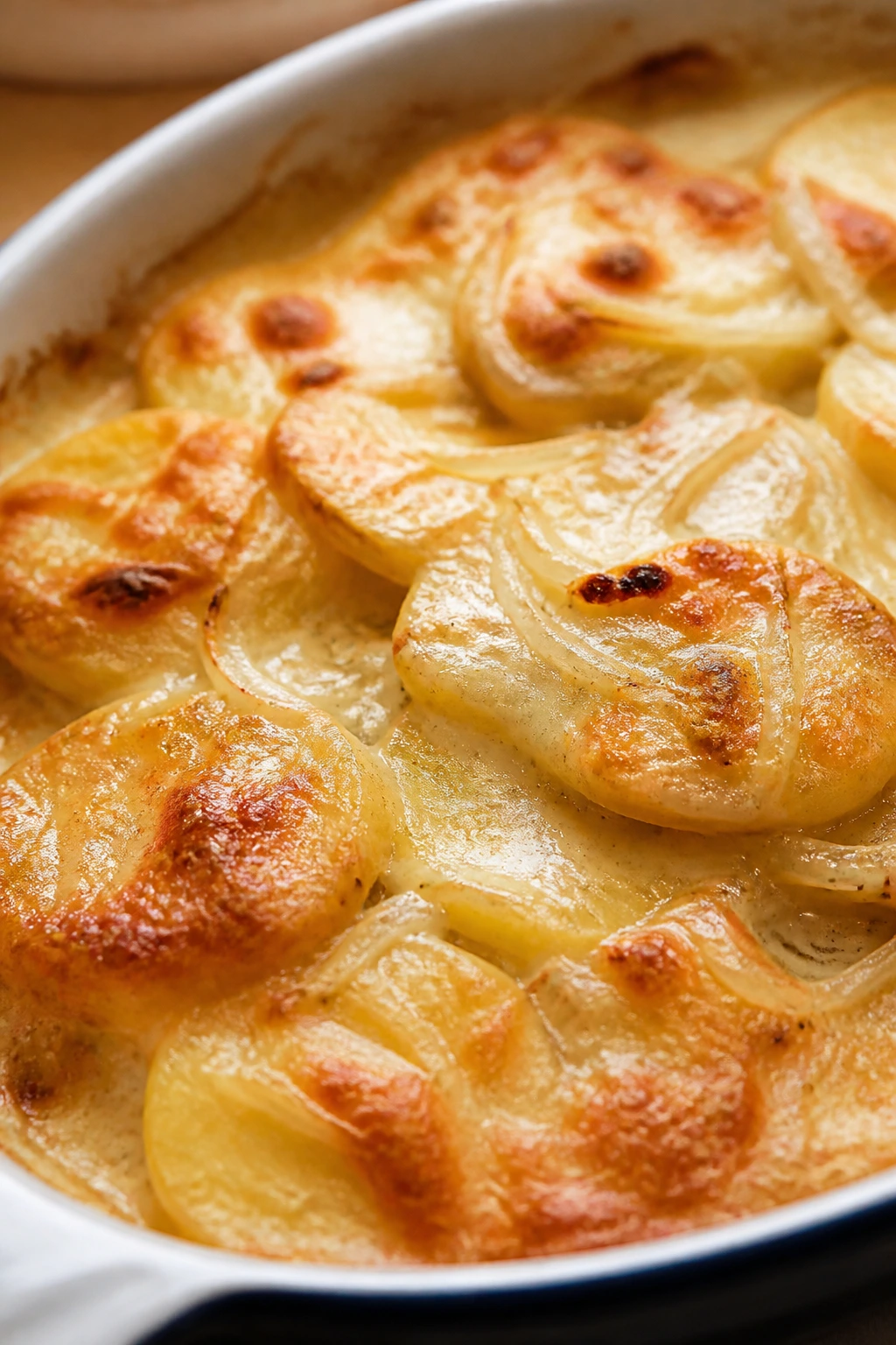 Creamy scalloped potatoes with cheese and onion in baking dish