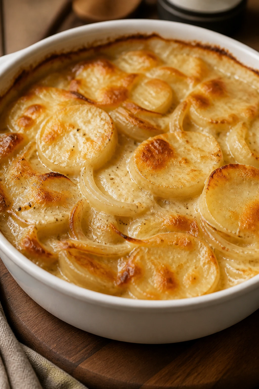 Creamy scalloped potatoes and onions in a serving dish