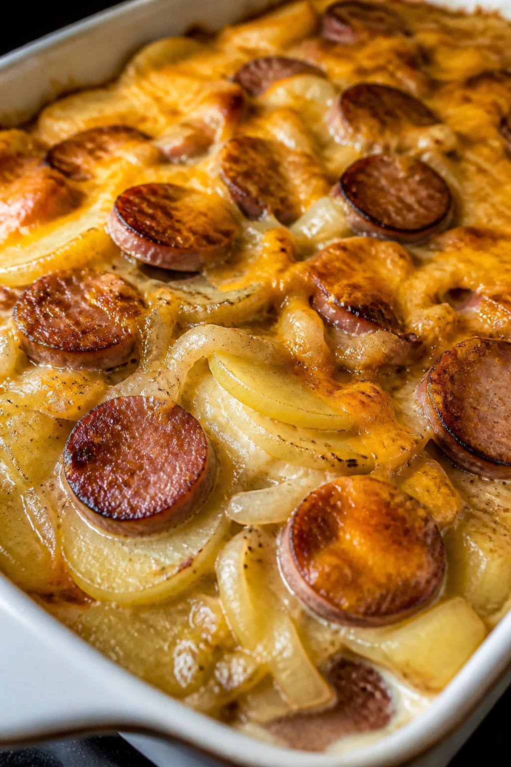 Close-up of Smoked Sausage Scalloped Potatoes in a baking dish
