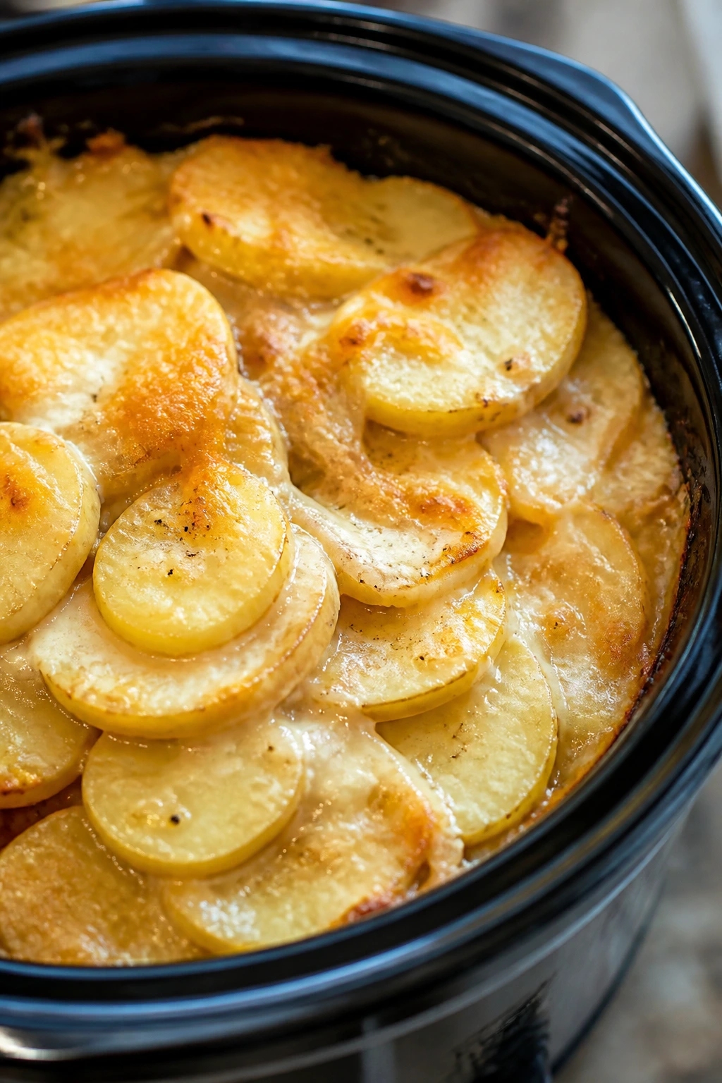 Close-up of creamy scalloped potatoes in a slow cooker dish with melted cheese