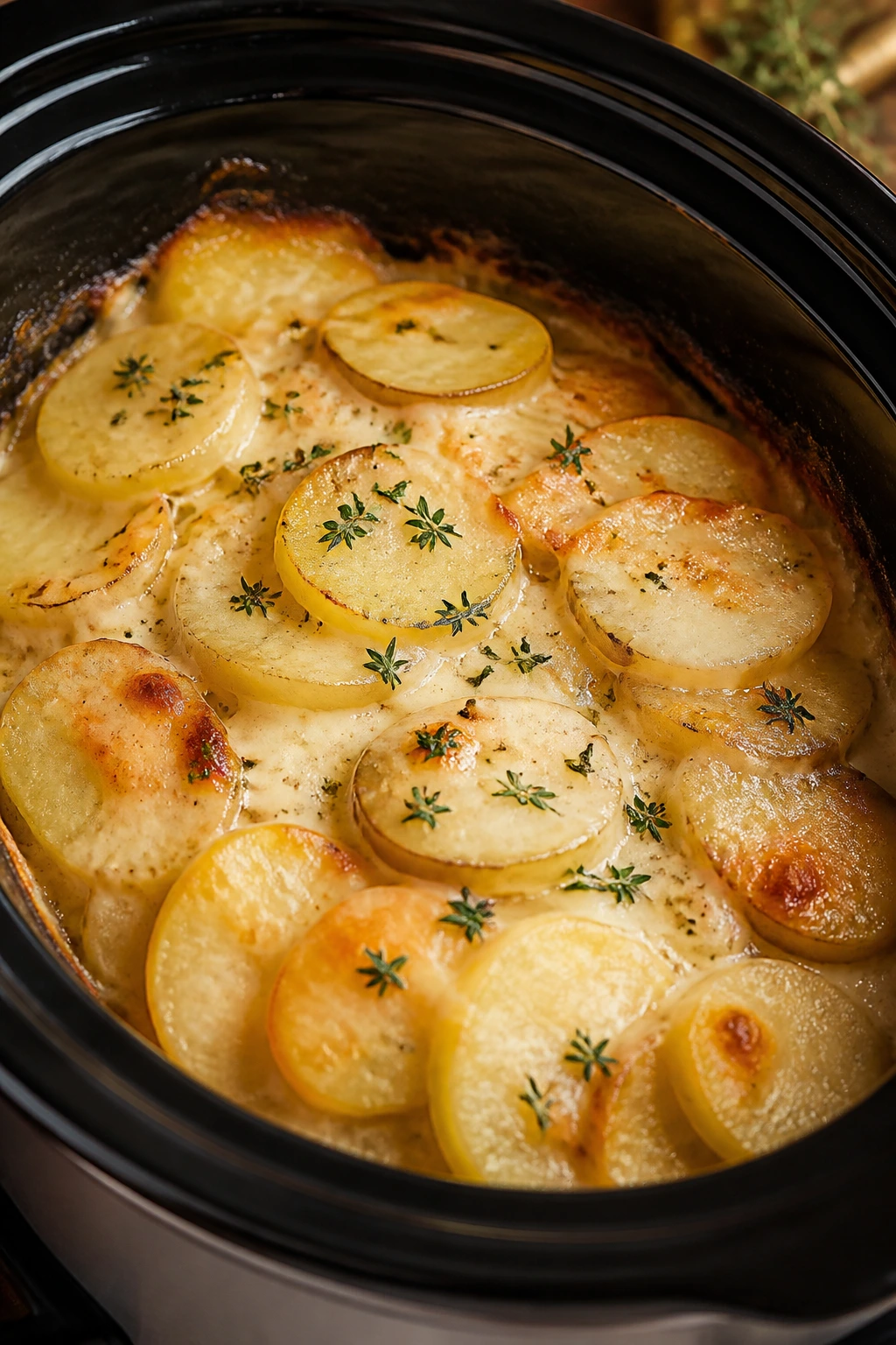 Creamy scalloped potatoes with thyme in a slow cooker.