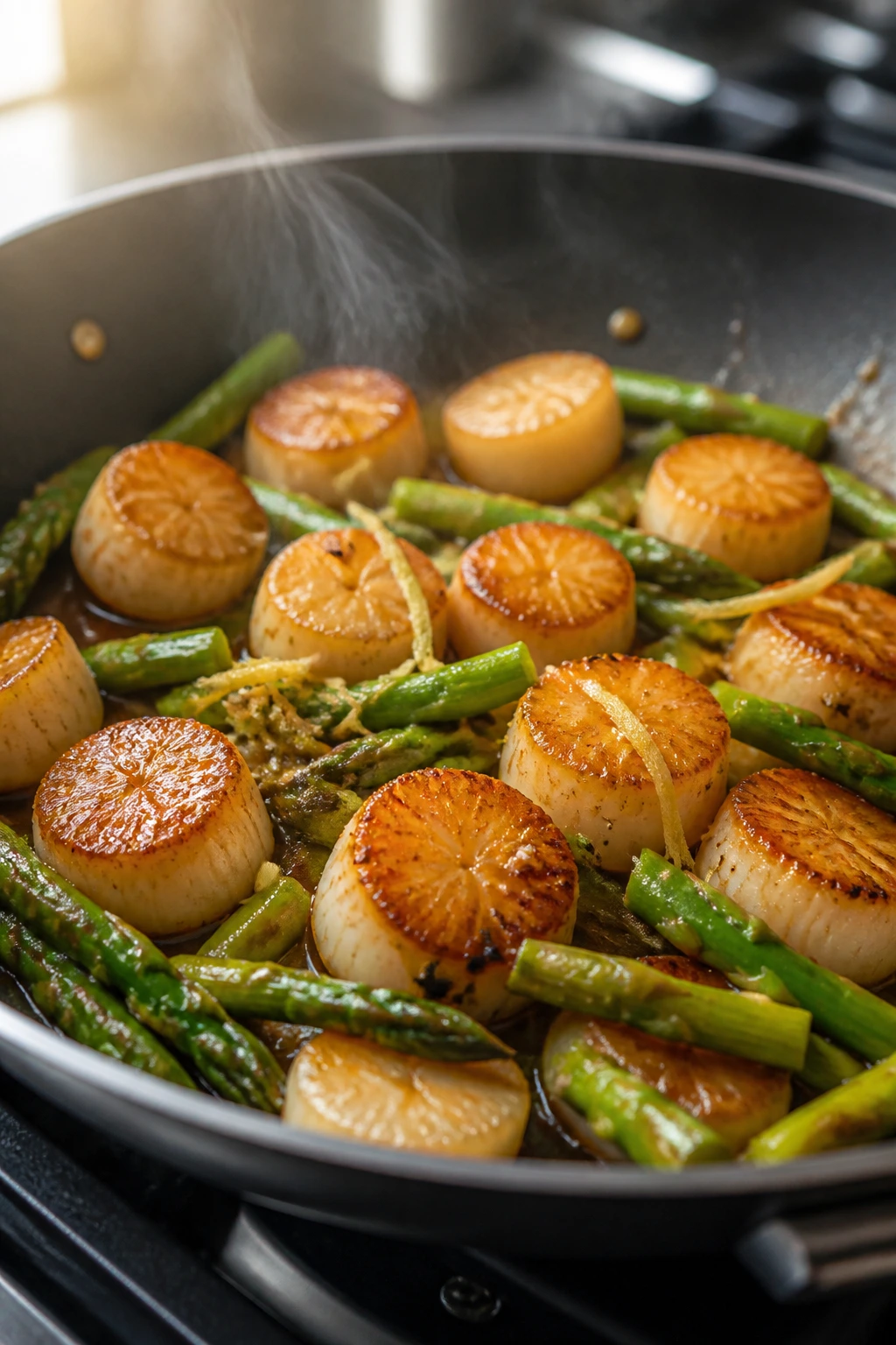 Close-up of seared scallops with asparagus in ginger-soy glaze