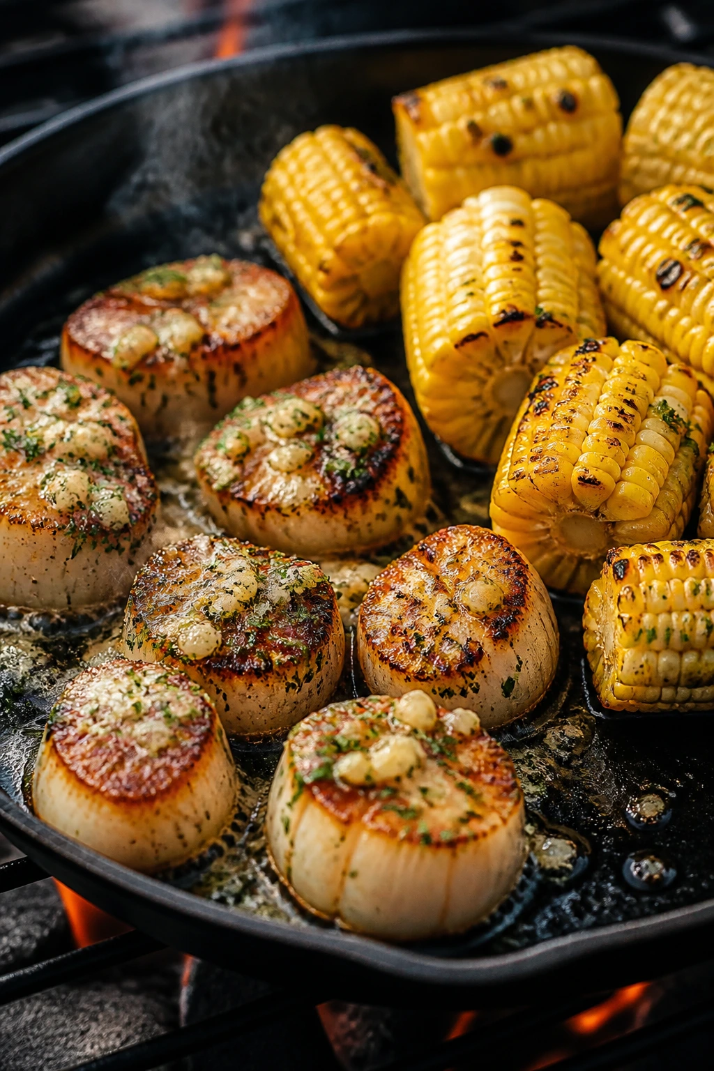 Seared scallops and corn with garlic butter