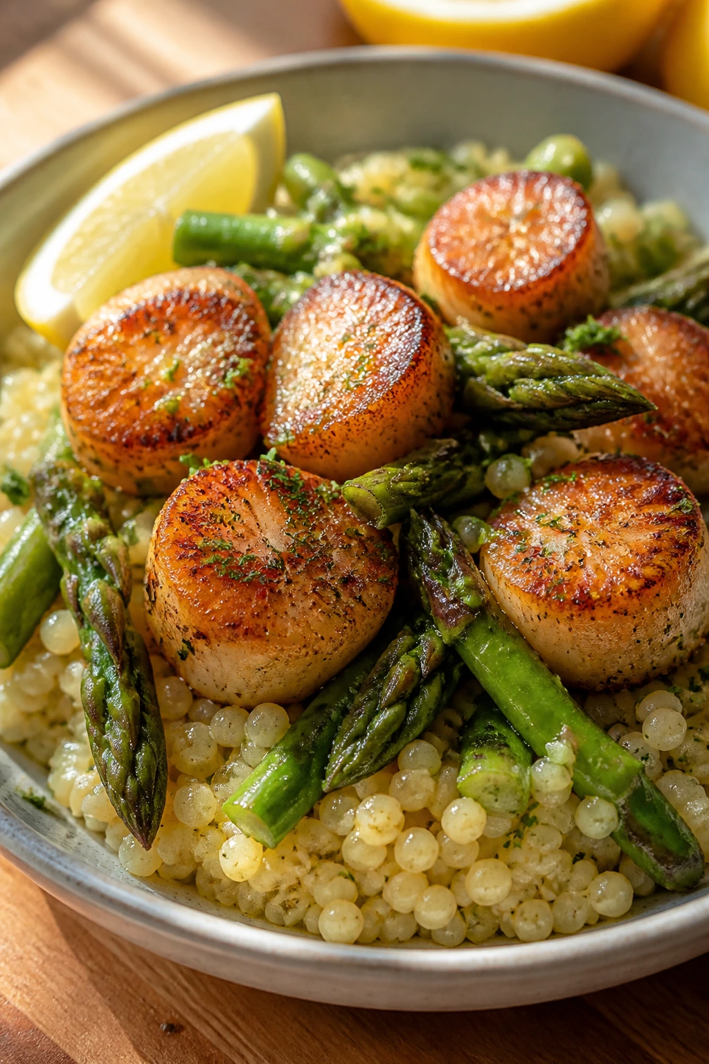 Scallops on lemon-garlic couscous with asparagus