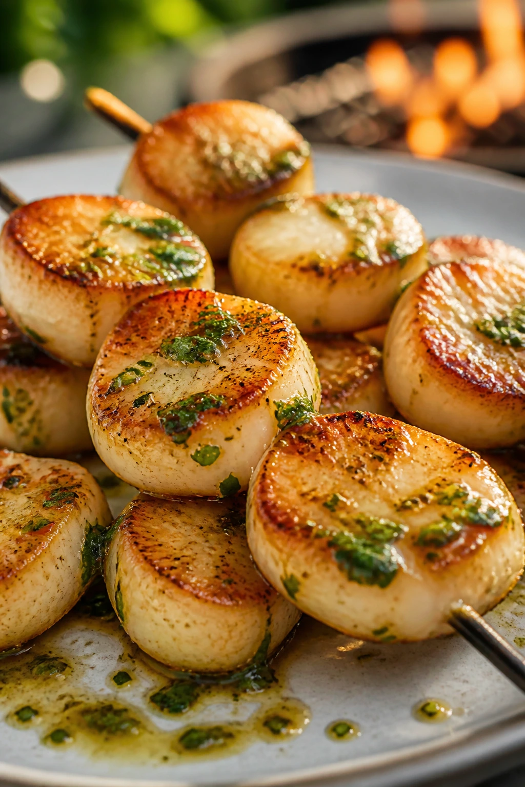 Close-up of scallops on skewers with herb butter on plate