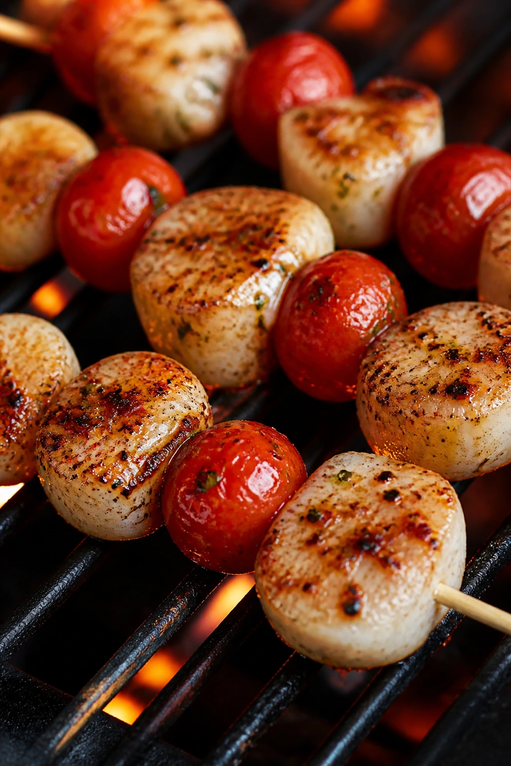 Close-up of Cajun spiced scallops and tomatoes on skewers over a grill