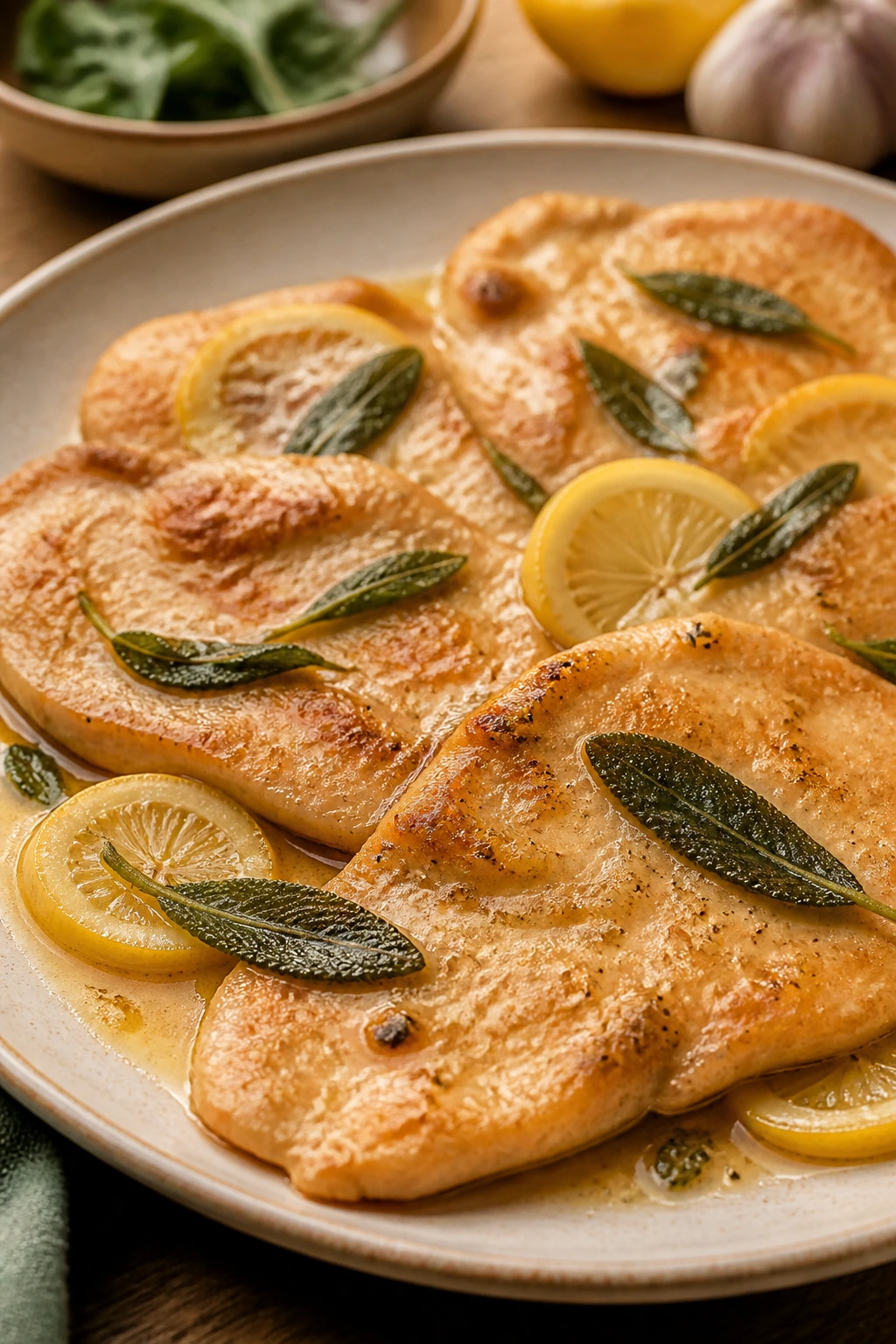 Close-up of lemon-sage chicken scaloppine in butter sauce