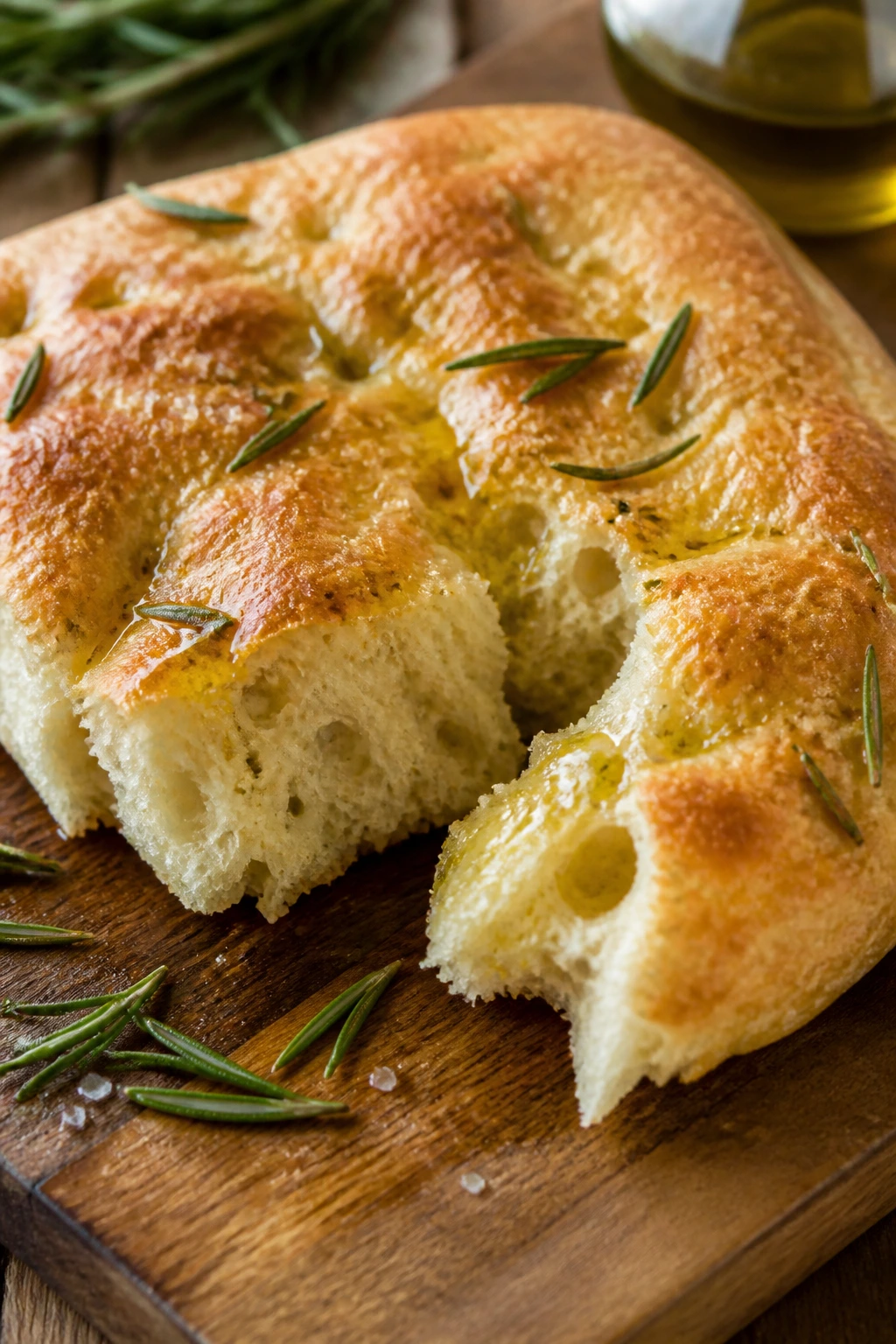 Schiacciata bread with rosemary and olive oil on a wooden board