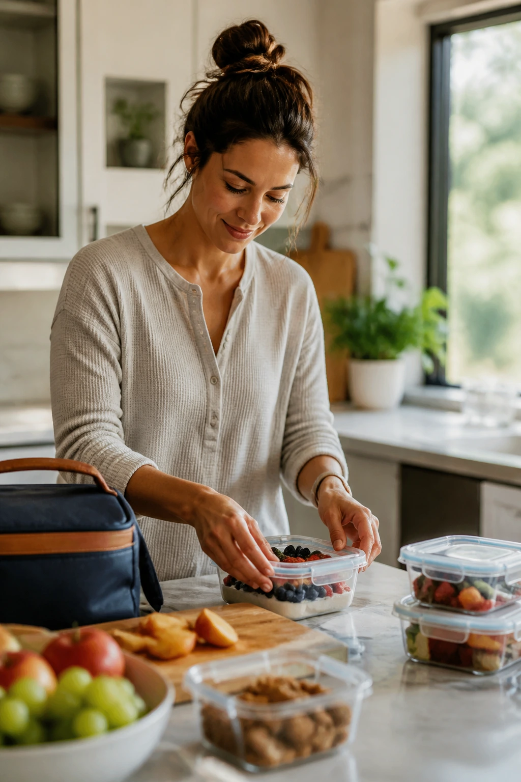 Calm kitchen scene with person organizing ready-to-go breakfasts