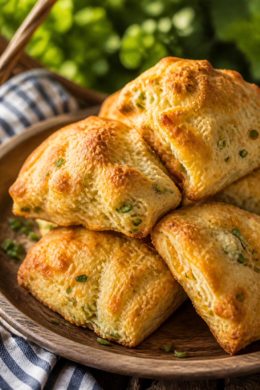 Golden savory cheese and herb scones on a rustic plate at an outdoor picnic
