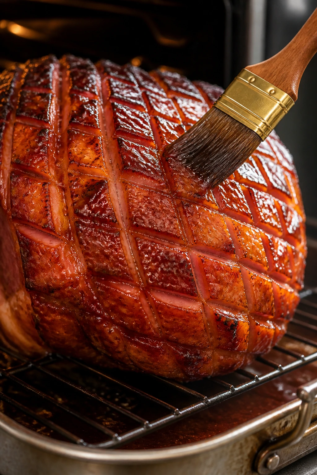 Ham with scored top and glossy glaze ready to bake