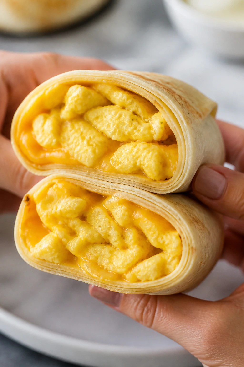 Close-up of scrambled egg breakfast wrap cut open in hands