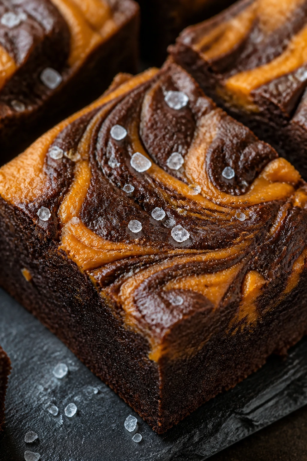 Dark chocolate pumpkin swirl brownie with flaky sea salt on top