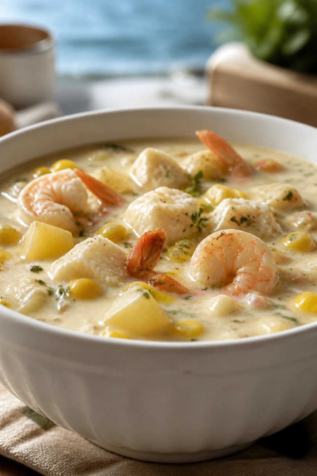 Creamy seafood chowder with potatoes and corn in a white bowl