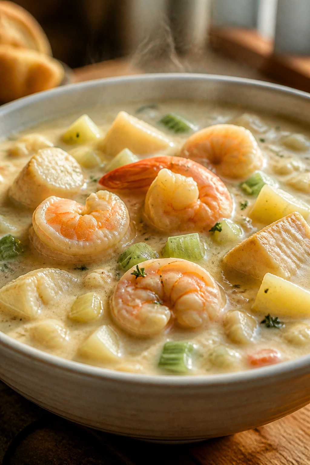 Close-up of creamy seafood chowder in a rustic bowl with seafood chunks