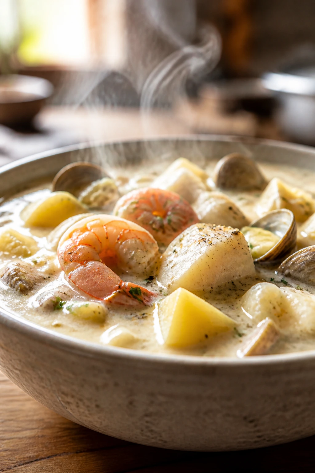 Close-up of steaming creamy seafood chowder with potatoes and seafood in a rustic bowl