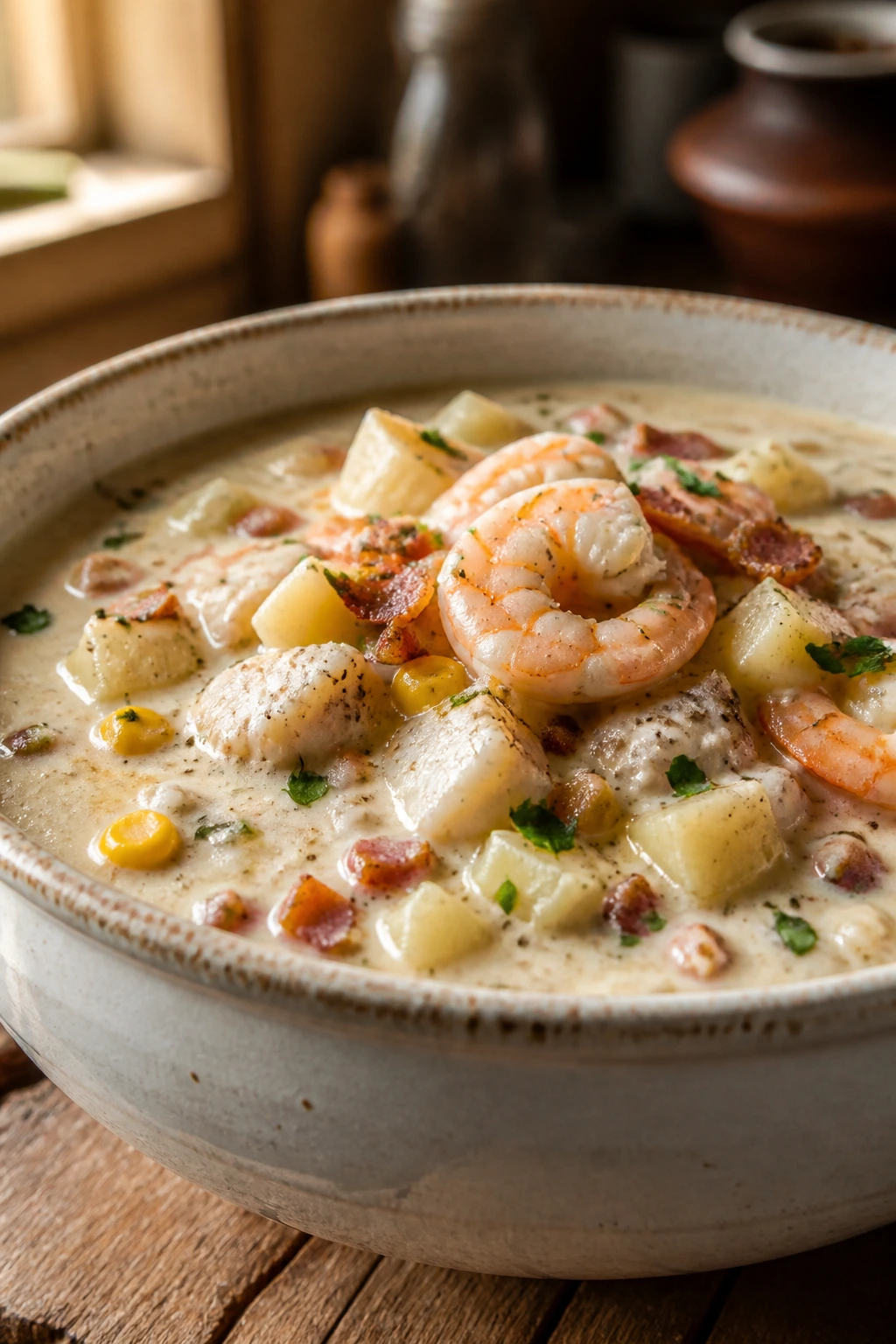 Creamy seafood chowder with potatoes, fish, and shrimp in a rustic bowl.