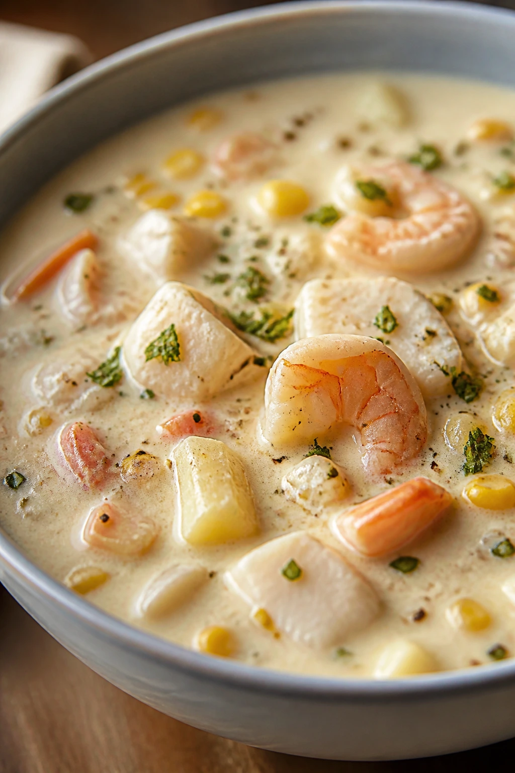 Close-up of chowder with corn and pepper highlights in creamy broth on warm kitchen counter