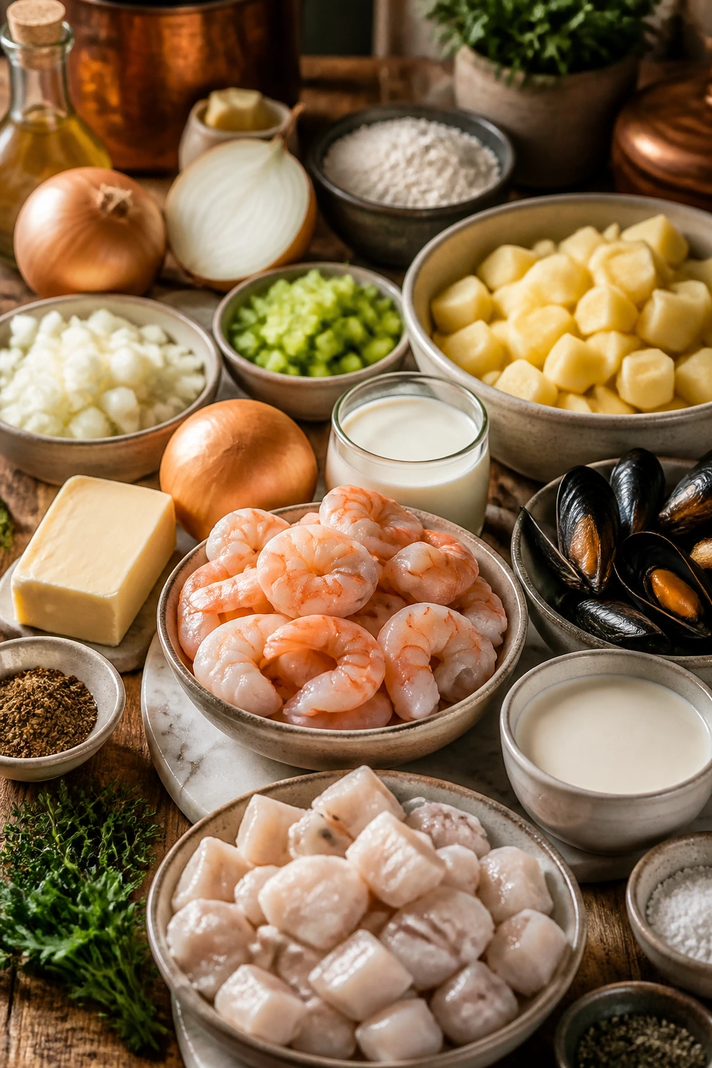 Bowl of chowder with potatoes and seafood in creamy broth
