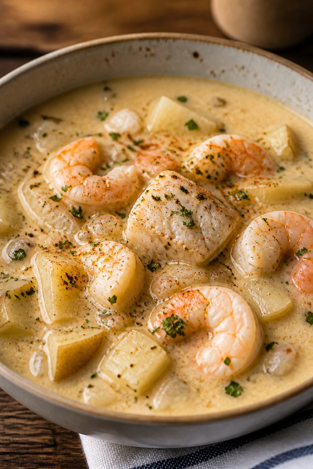 Close-up of seafood chowder with fish and shrimp in a creamy broth