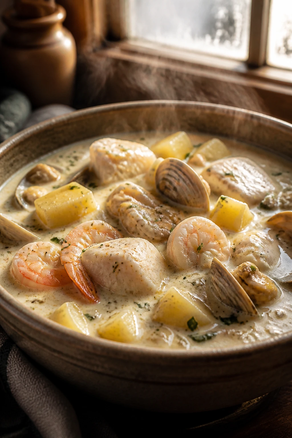 Close-up of steaming seafood chowder with cod, shrimp, clams, and potatoes in creamy broth