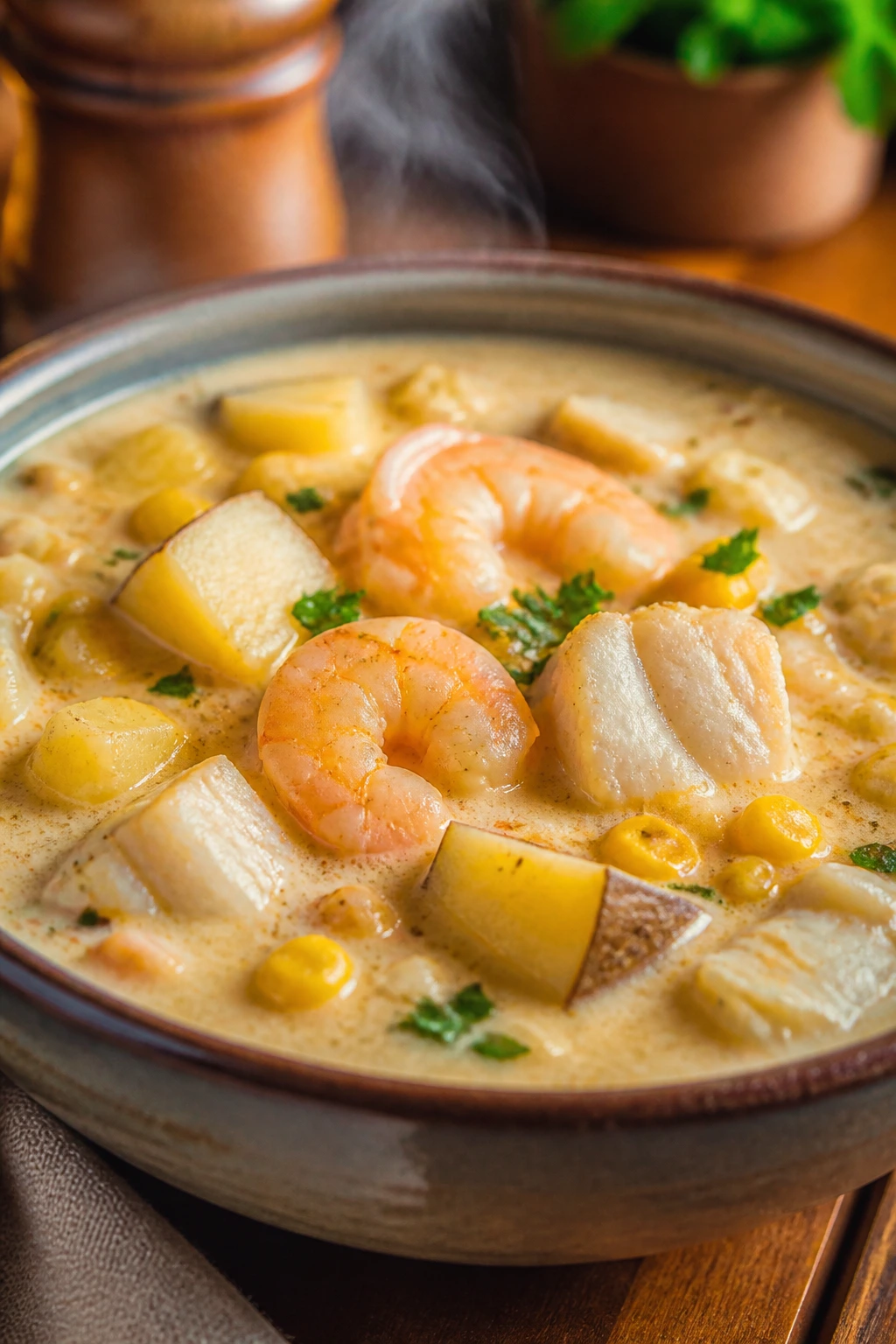 Creamy seafood chowder with potatoes and corn in a bowl