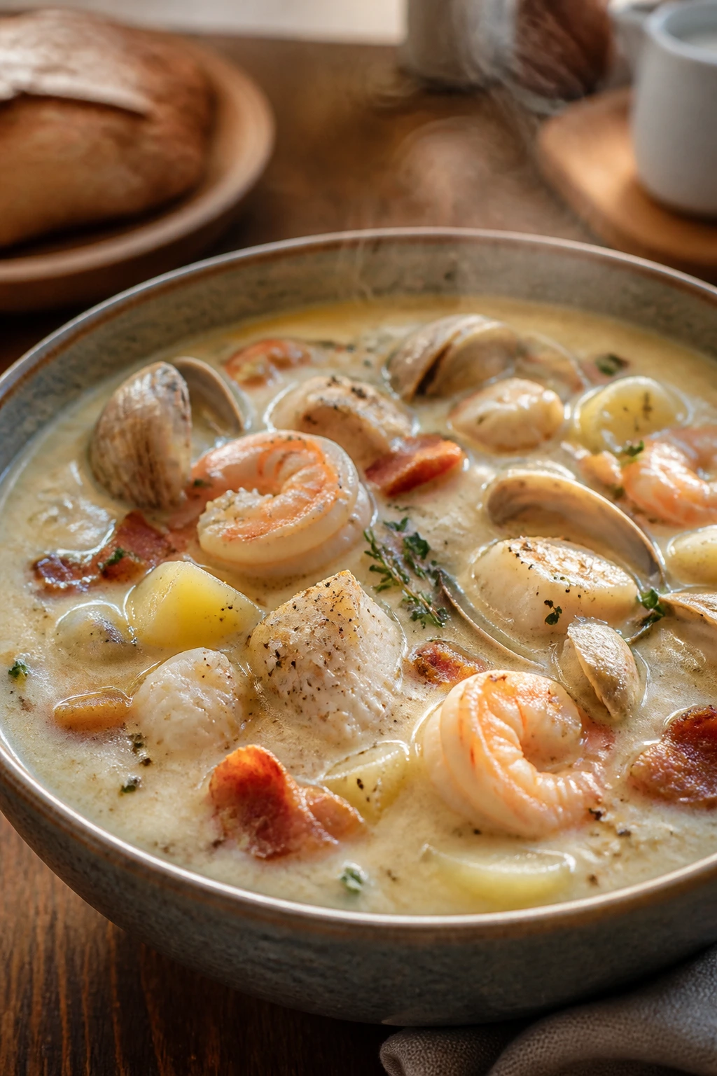 Steaming bowl of cozy seafood chowder with cod, shrimp, and clams on a wooden table