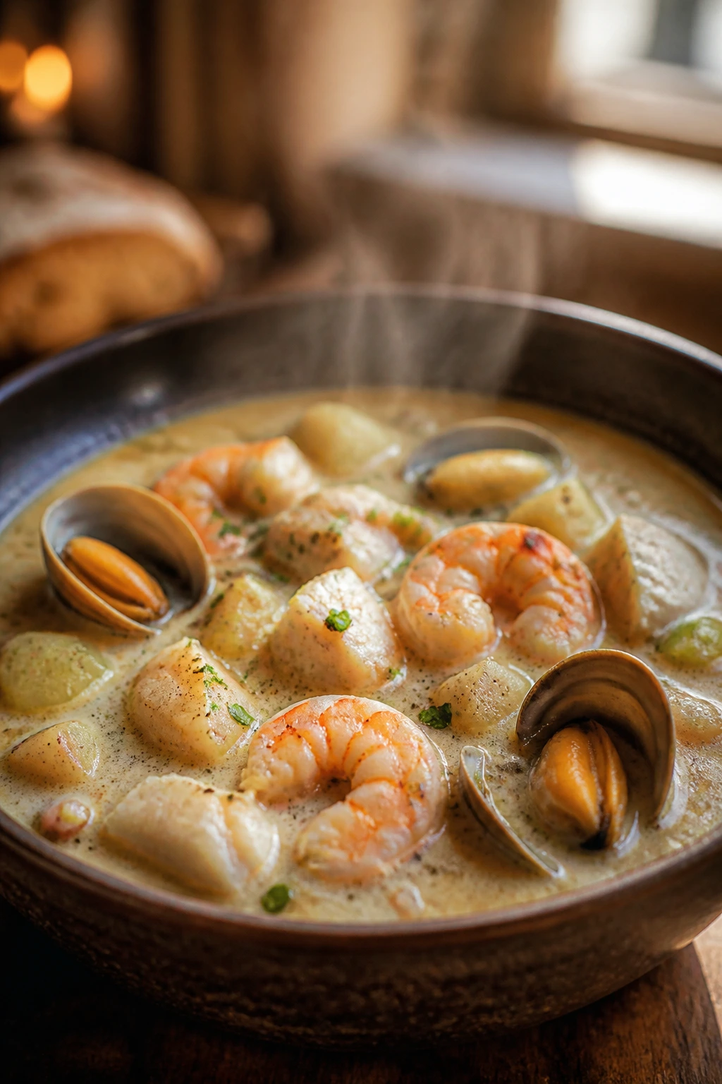 Close-up of a steaming seafood chowder with potatoes and seafood on a rustic counter