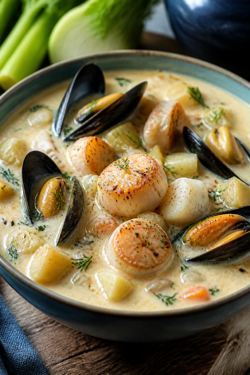 Creamy seafood chowder with scallops and mussels in a bowl