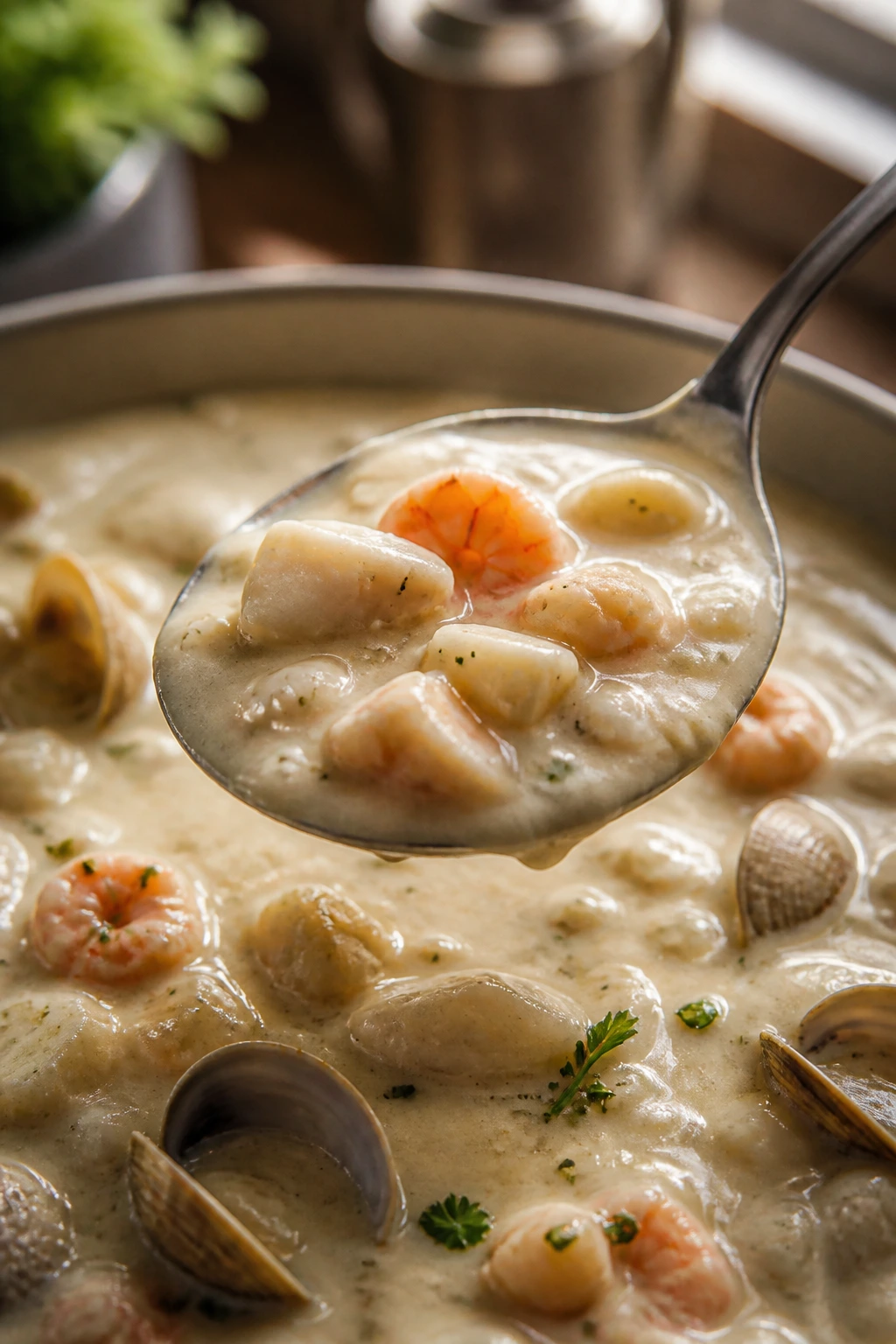 Spoon scooping chowder showing potatoes and seafood in creamy broth