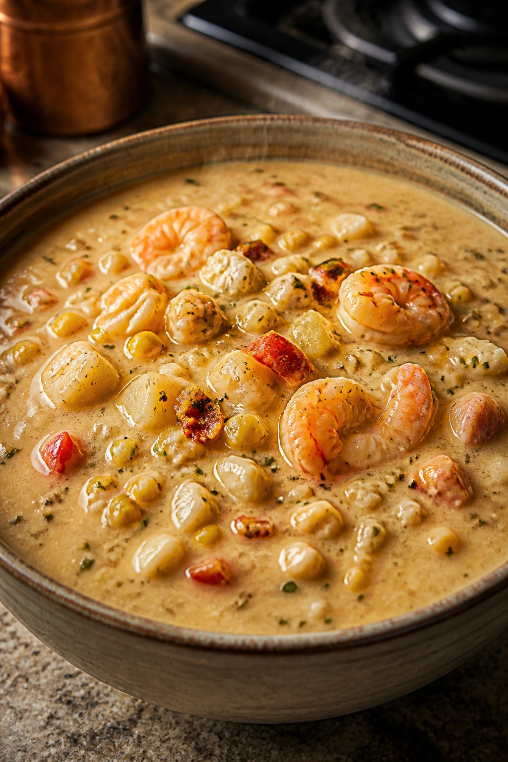 Steaming seafood chowder in a bowl on a kitchen counter