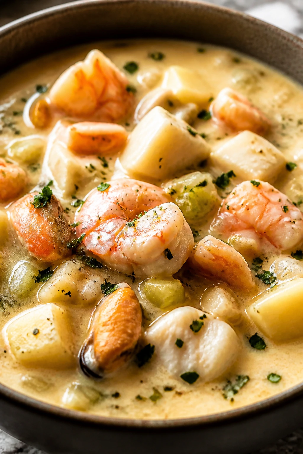 Richly colored seafood chowder with chunky seafood and potatoes in creamy broth